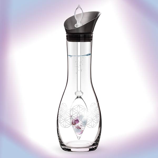 glass decanter with crystals gemstones flower of life aquamarine amethyst