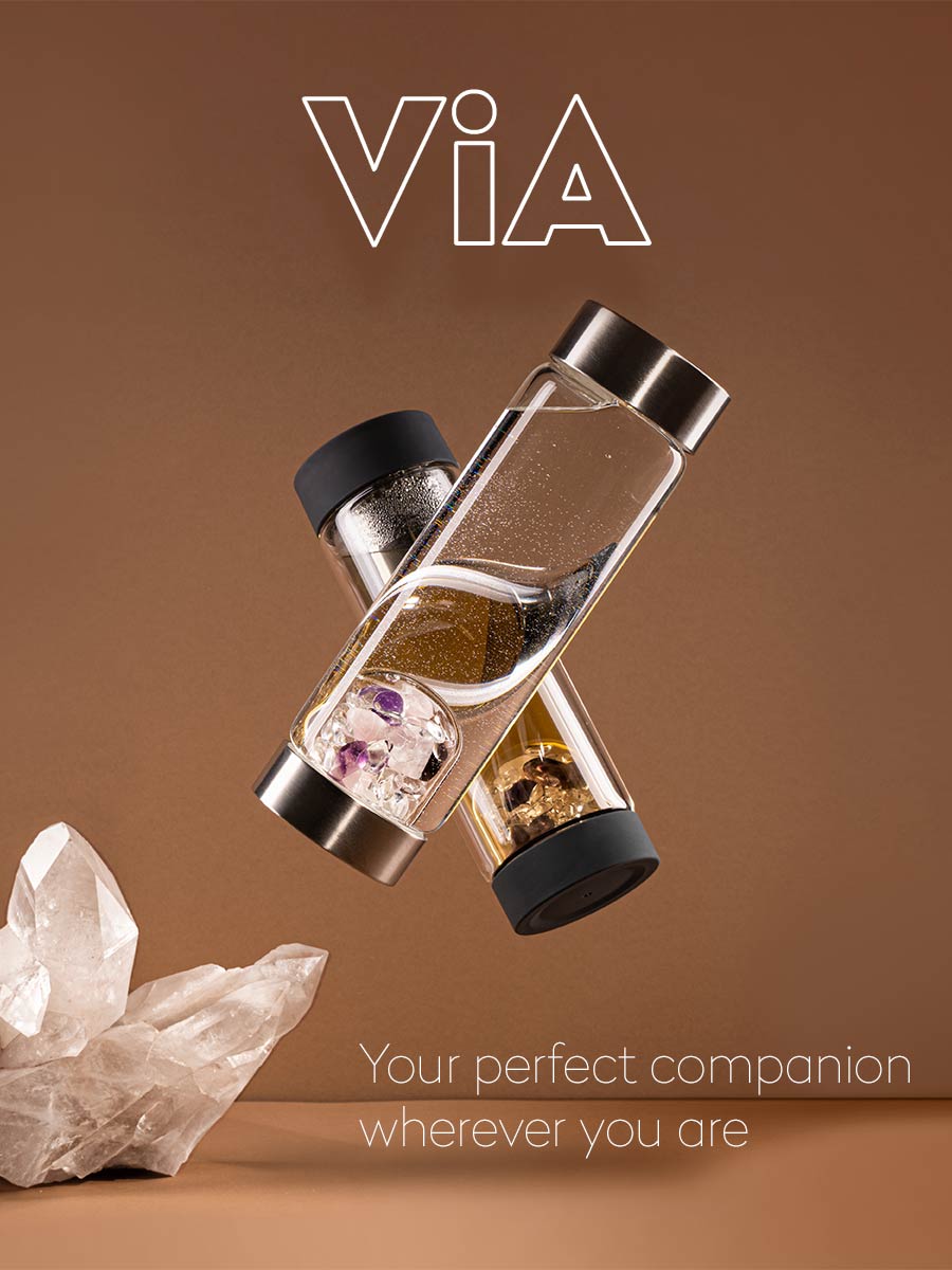 vitajuwel via via heat tea bottle infusion insulating gemstones crystals glass sustainable